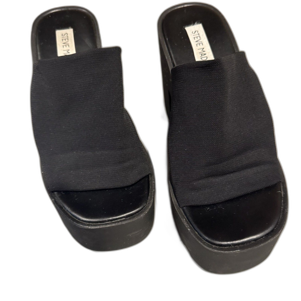 Vintage Steve Madden Platform Sandals Black Stretch Chunky Heel Italy Women 7 - Picture 8 of 9